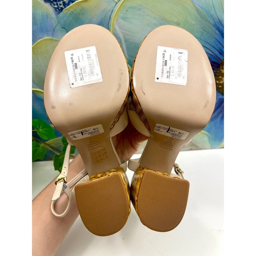 New Schutz Keefa Straw Platform Sandals Off White Leather‎ Woven Block Heel 9.5
